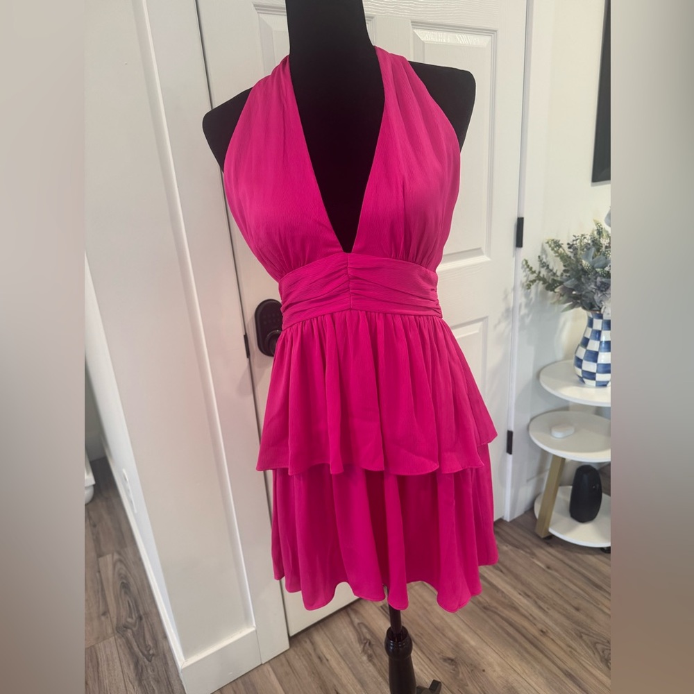 Lush Hot Pink One-Shoulder Tiered Mini Dress